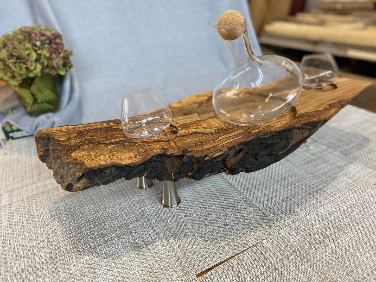 Live edge rolling wine decanter tray
