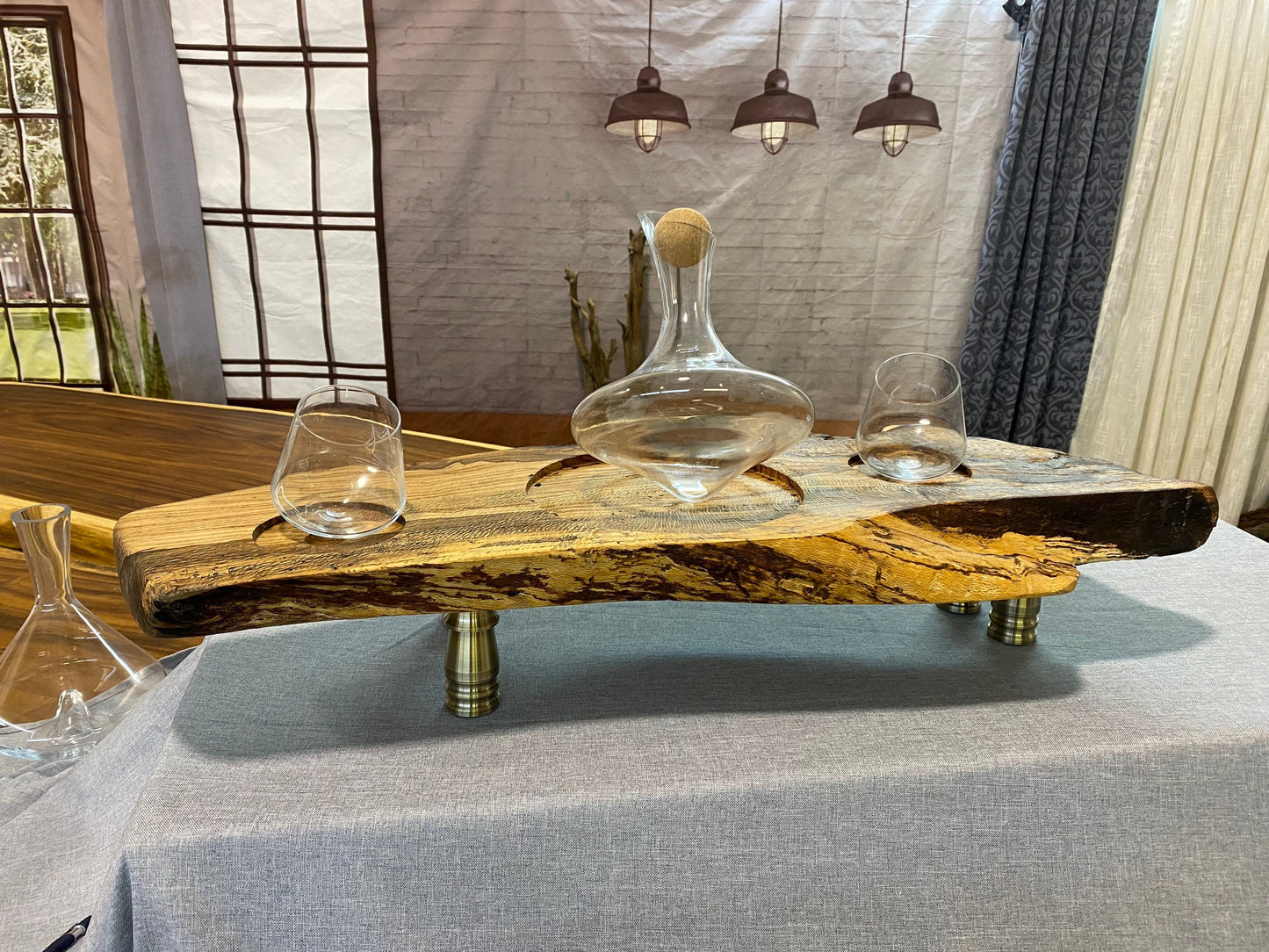 Live edge rolling wine decanter tray