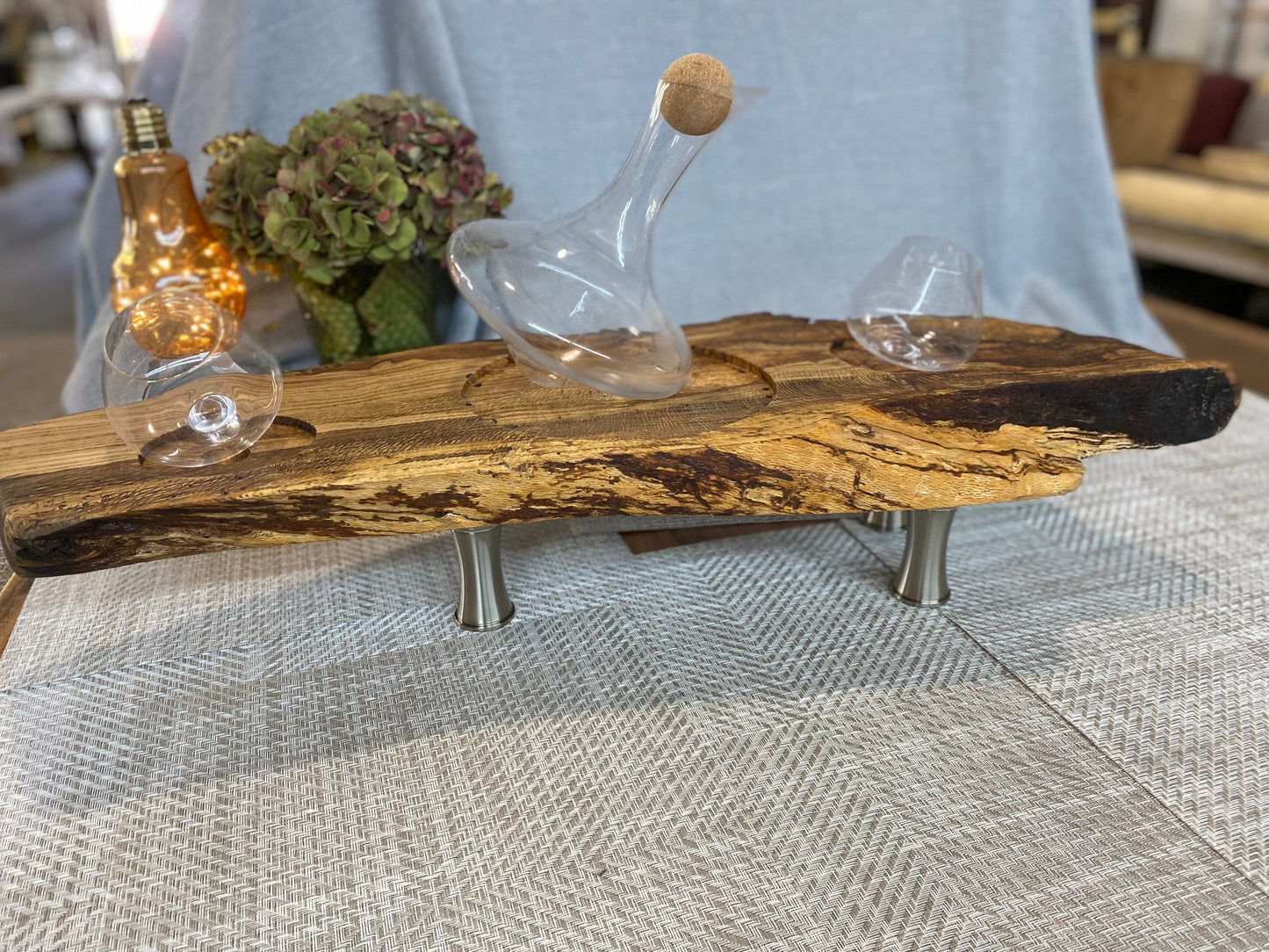 Live edge rolling wine decanter tray