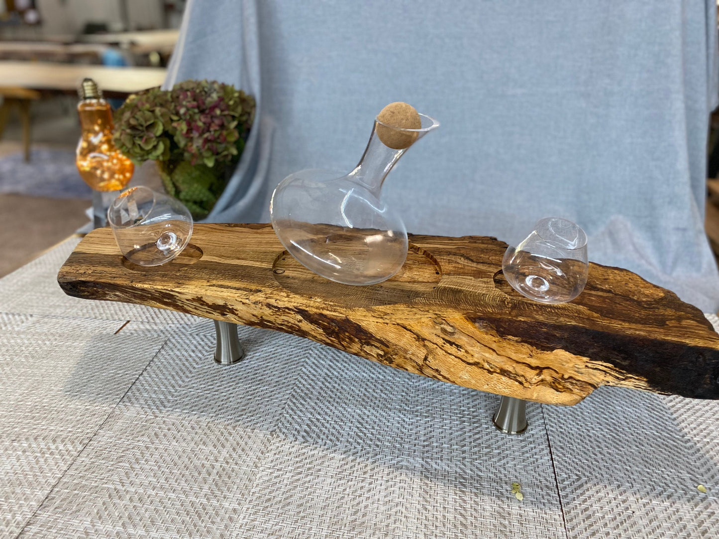 Live edge rolling wine decanter tray