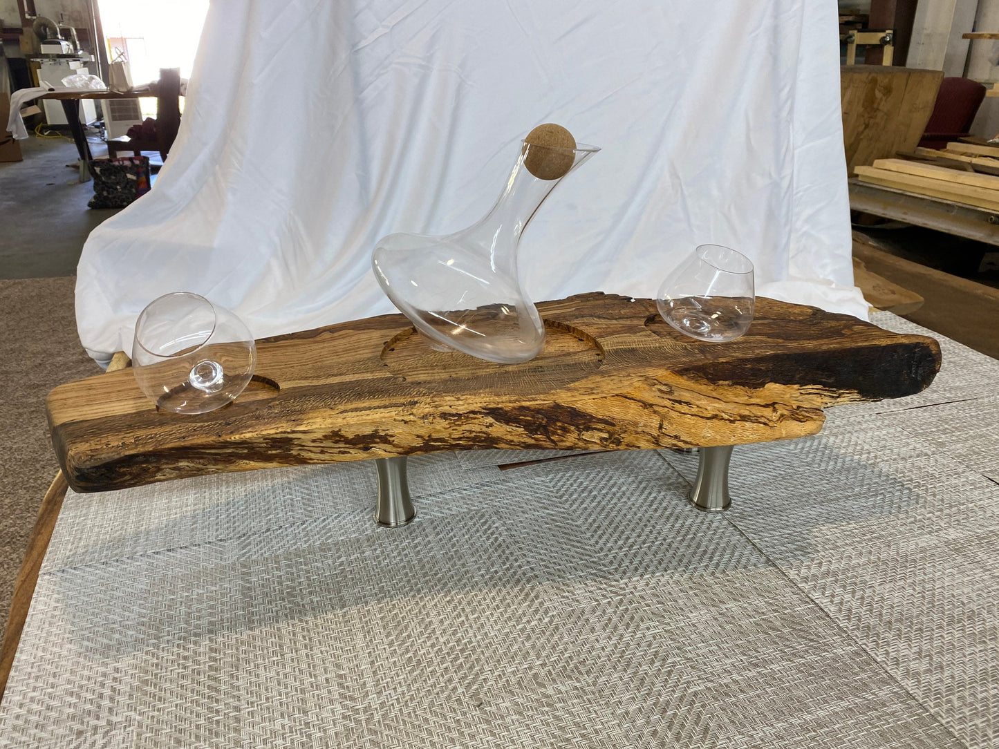 Live edge rolling wine decanter tray